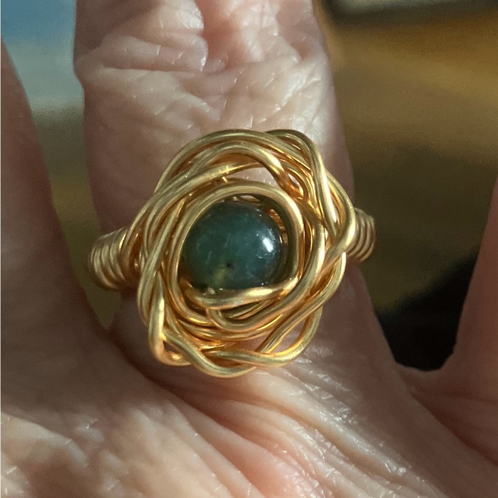 Elegant Gold Wire Wrapped Ring with Green Fancy Jasper Stone